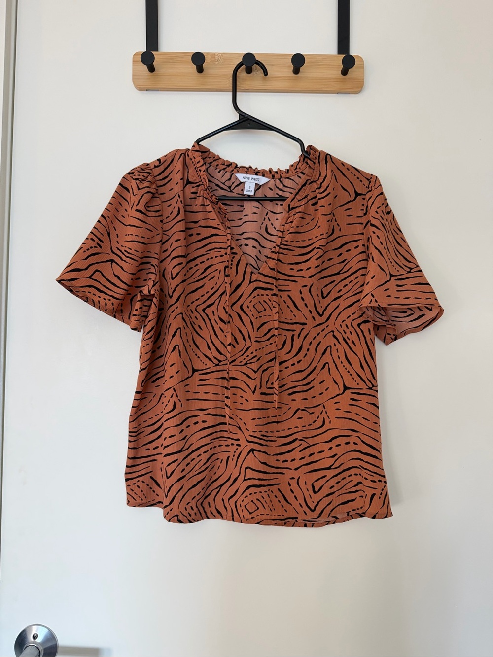 Nine West Tie-Neck Zebra-Print Short Sleeve Blouse in Rust
